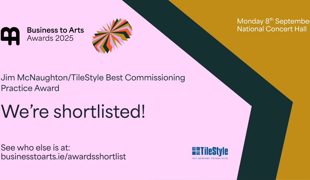 Image in pink, brown and black with announcement that Photo Museum Ireland and Peugeot Ireland have been nominated for a 2025 Business to Arts Award.